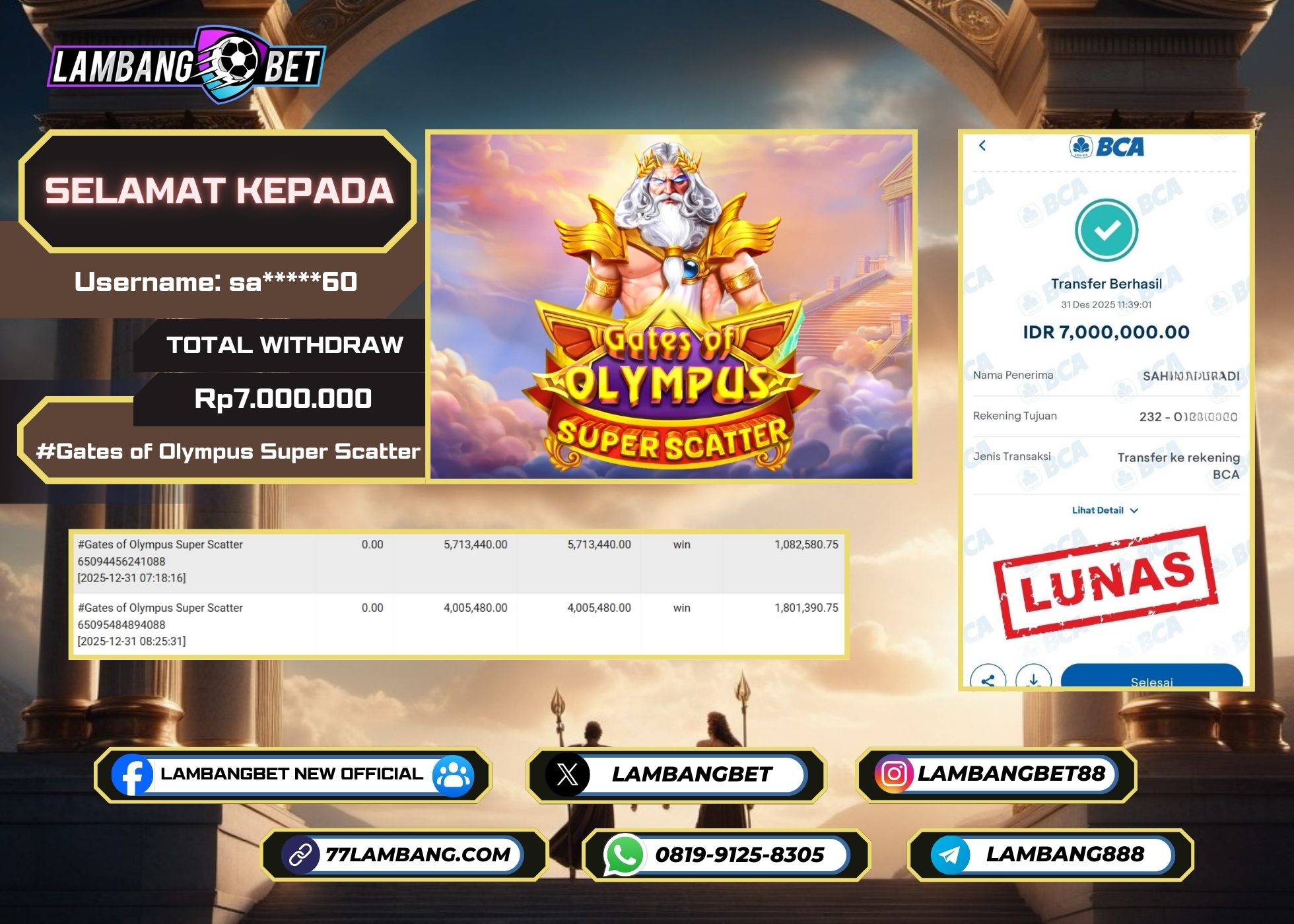 LAMBANGBET [31 DESEMBER 2025] JACKPOT SLOT Gates of Olympus Super Scatter "Rp7.000.000" LUNAS